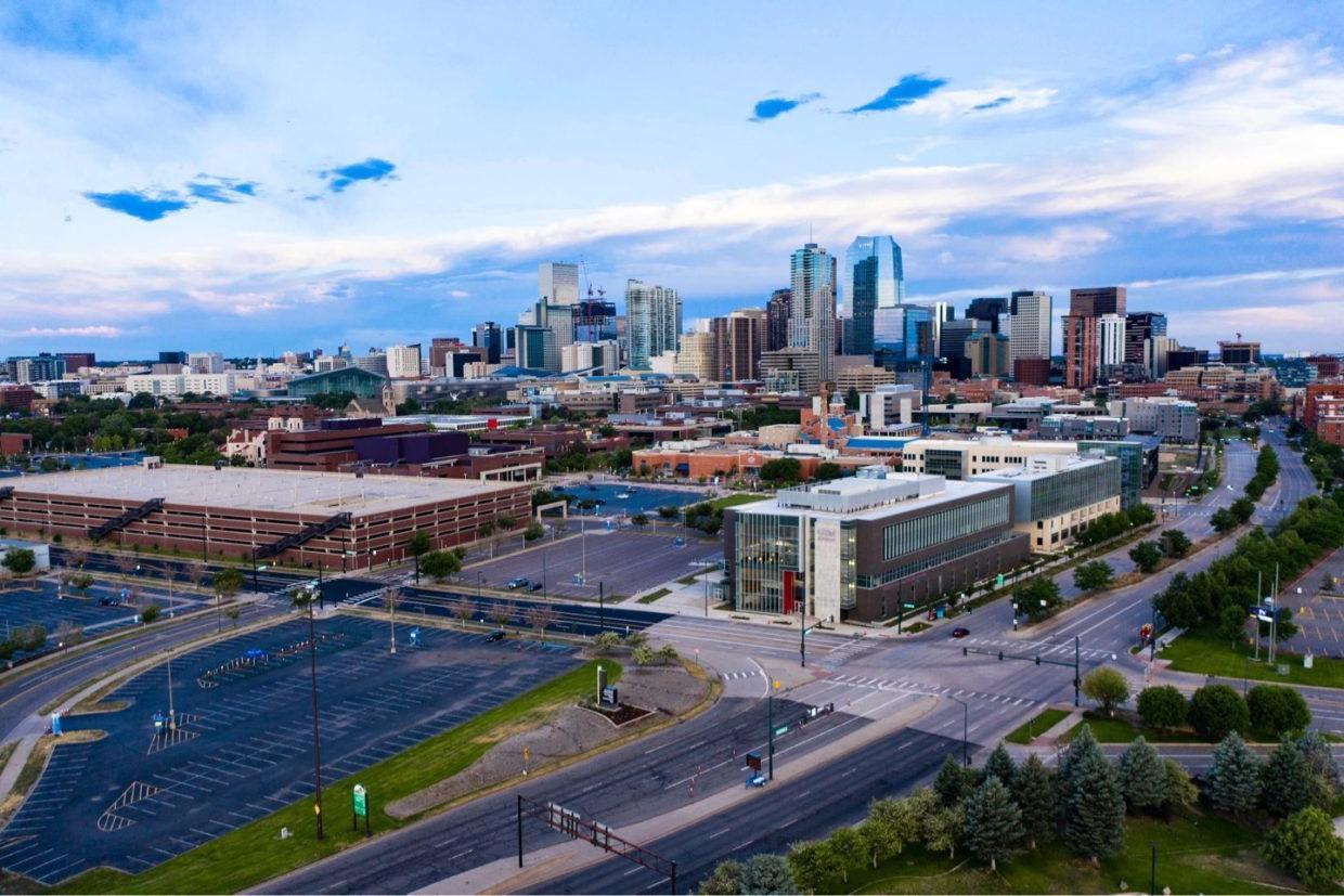 Drone photo of the Denver skyline and Auraria campus